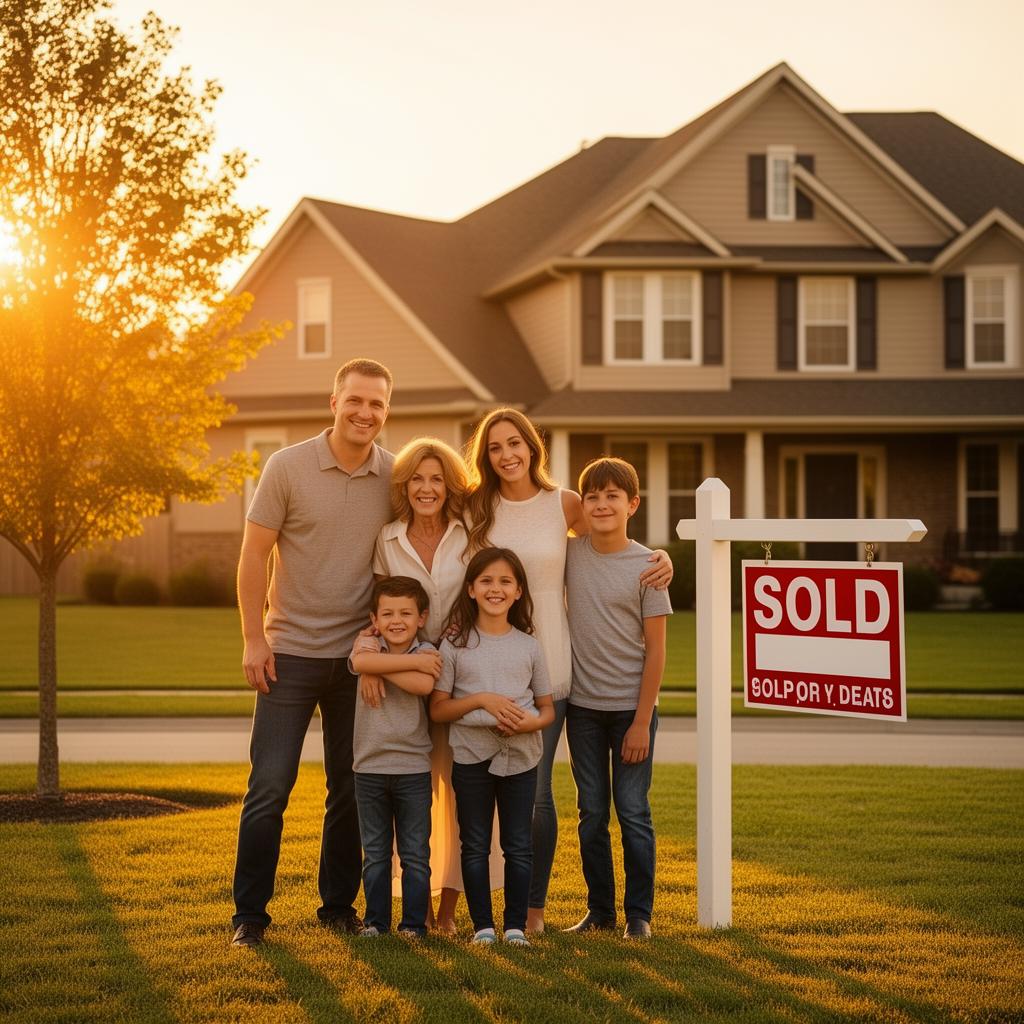 Happy family in front of sold house