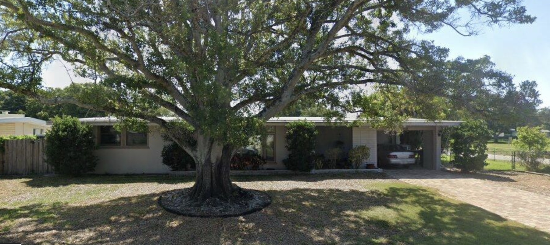 Ranch home with large oak tree