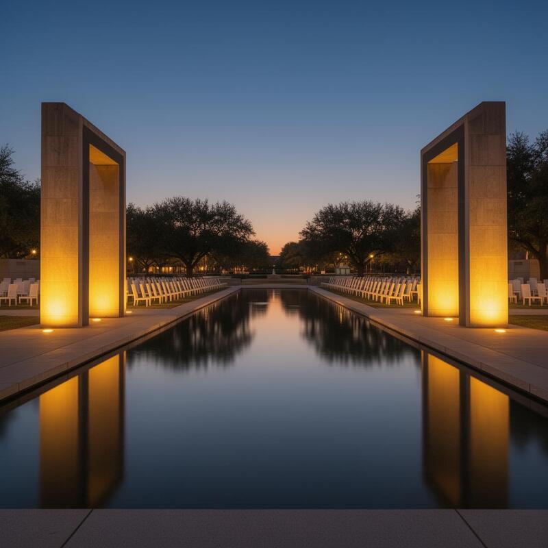 Oklahoma City National Memorial reflecting pool at dusk