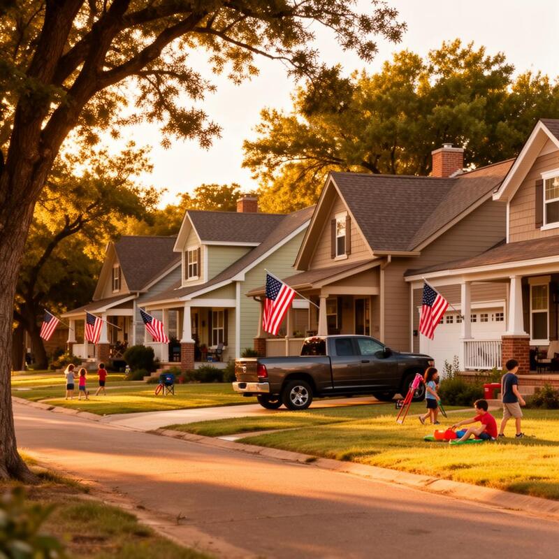 Charming Oklahoma neighborhood with American flags