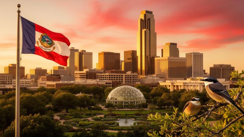 Oklahoma City skyline at golden hour with state flag